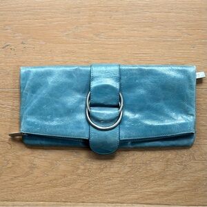Hobo International Leather Fold Over Clutch Bag Small Purse - Teal Blue Aqua